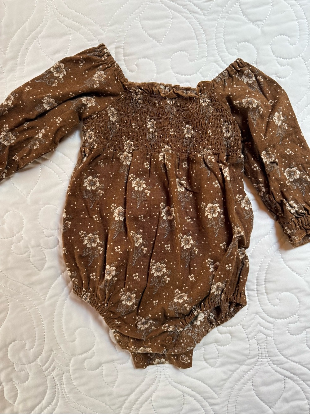Rylee + Cru 6-12M Brown Floral Smocked Romper